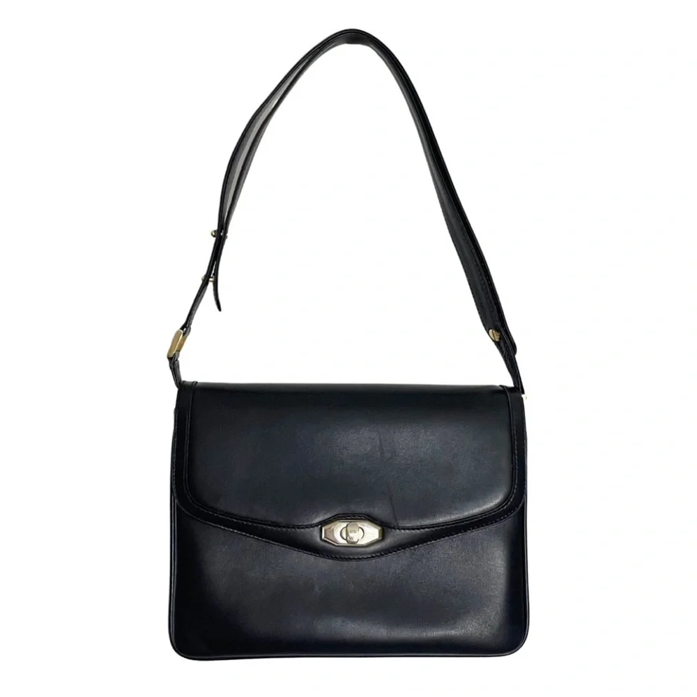 Bally vintage dark navy blue leather turnlock flap shoulder bag